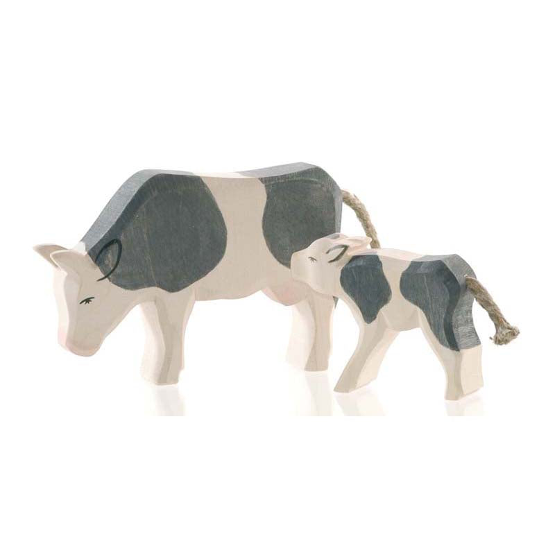 Kuh Holzfigur Schwarz fressend mit Kalb Kindergartenbedarf